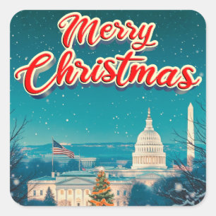 Pegatina Cuadrada Feliz Navidad desde Washington Vintage Retro