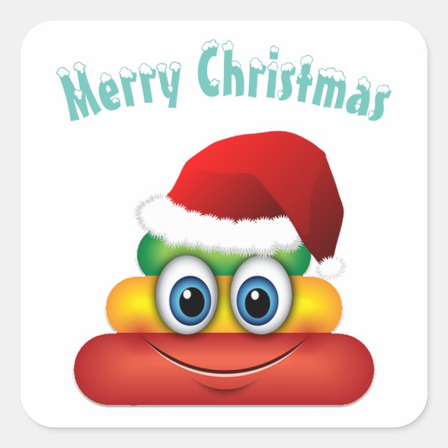 Pegatina Cuadrada Feliz Navidad, emoji de caca de unicornio (Anverso)