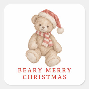 Pegatina Cuadrada Feliz Navidad en acuarela oso de peluche