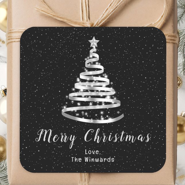 Pegatina Cuadrada Feliz Navidad en el Árbol de Cinta Plata y Negro (Subido por el creador)
