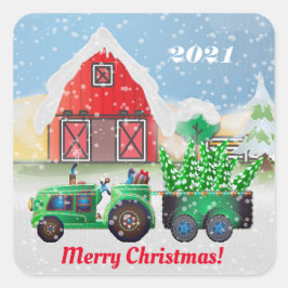 Pegatina Cuadrada Feliz Navidad en la granja rural