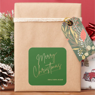 Pegatina Cuadrada Feliz Navidad en oro sobre verde