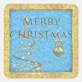 Pegatina Cuadrada Feliz Navidad en oro y azul