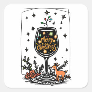 Pegatina Cuadrada Feliz Navidad en un vaso de vino