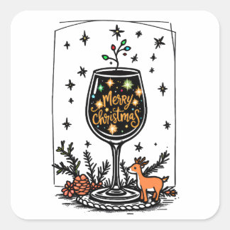 Pegatina Cuadrada Feliz Navidad en un vaso de vino