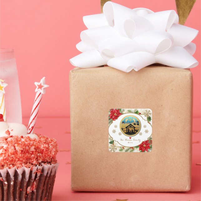 Pegatina Cuadrada Feliz Navidad, Escena de Natividad del Niño Jesús (Fiesta)