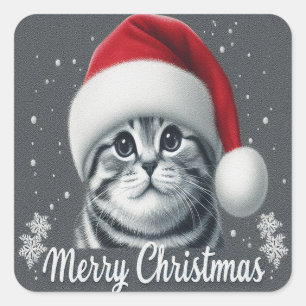 Pegatina Cuadrada Feliz Navidad Escocia felino frito, Navidad gato