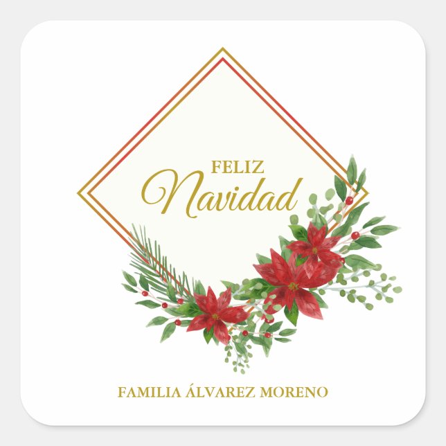 Pegatina Cuadrada Feliz Navidad Español con Flor de Pascua y Acebo (Anverso)