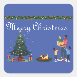 PEGATINA CUADRADA FELIZ NAVIDAD FAMILIA AFROAMERICANA ÉTNICA