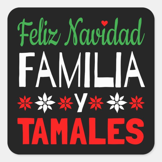 Pegatina Cuadrada Feliz Navidad Familia y Tamales (Anverso)