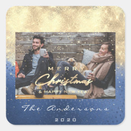 Pegatina Cuadrada Feliz Navidad Feliz año feliz Estrellas Oro Azul F