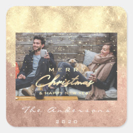 Pegatina Cuadrada Feliz Navidad Feliz año feliz Estrellas Rosa de or