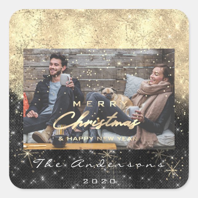 Pegatina Cuadrada Feliz Navidad Feliz Año Nuevo Black Gold Photo (Anverso)