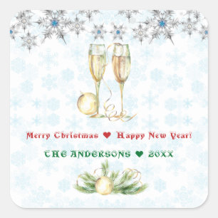 Pegatina Cuadrada Feliz Navidad Feliz Año Nuevo Crystal Snowflakes