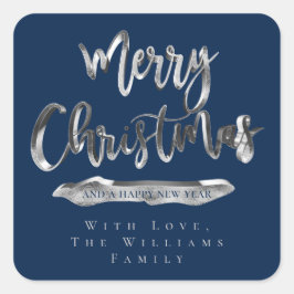Pegatina Cuadrada Feliz Navidad Feliz Año Nuevo Elegante Plata Azul