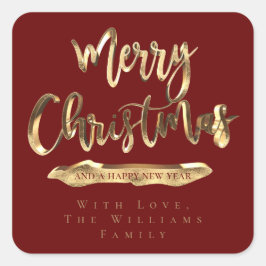 Pegatina Cuadrada Feliz Navidad Feliz Año Nuevo Elegante Rojo Dorado
