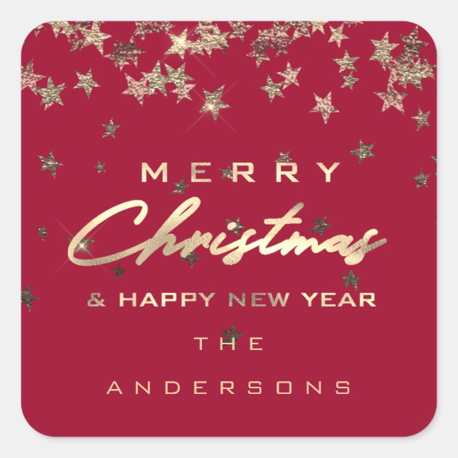 Pegatina Cuadrada Feliz Navidad Feliz Año Nuevo Estrellas Rojas (Anverso)