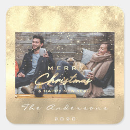 Pegatina Cuadrada Feliz Navidad Feliz Año Nuevo Faux Gold Photo