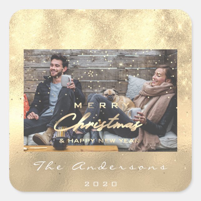 Pegatina Cuadrada Feliz Navidad Feliz Año Nuevo Faux Gold Photo (Anverso)