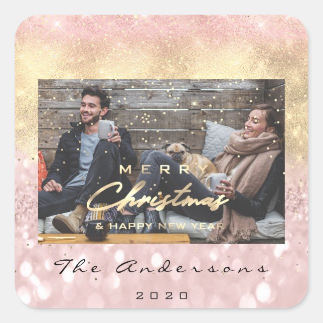Pegatina Cuadrada Feliz Navidad Feliz Año Nuevo Oro Rosa (Anverso)