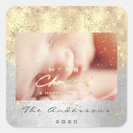 Pegatina Cuadrada Feliz Navidad Feliz Año Nuevo Plata Gold Photo