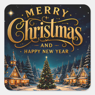 Pegatina Cuadrada Feliz Navidad Feliz Año Nuevo Pueblo Nevado