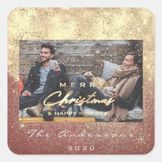 Pegatina Cuadrada Feliz Navidad Feliz Año Nuevo Rosa Foto de oro (Anverso)