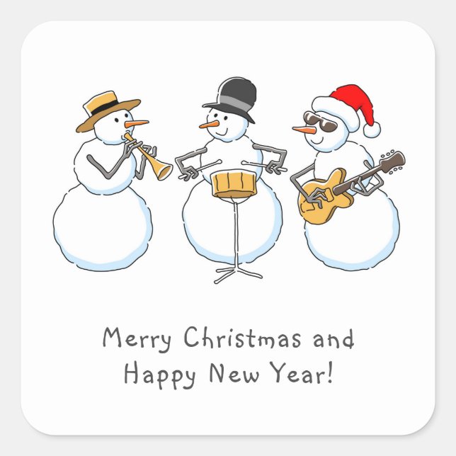 Pegatina Cuadrada Feliz Navidad Feliz Año Nuevo Snowman Jazzband (Anverso)