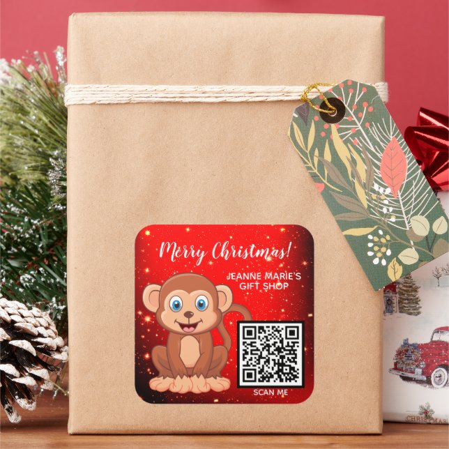 Pegatina Cuadrada Feliz Navidad Feliz Mono QR Código (Vacaciones)