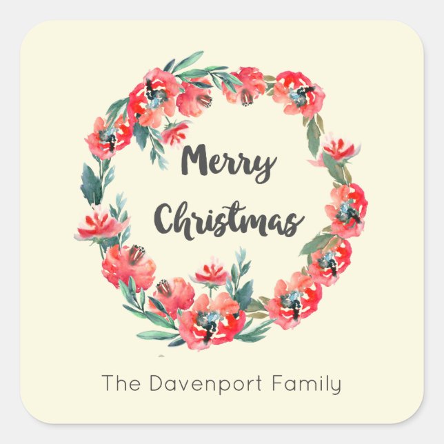 Pegatina Cuadrada Feliz Navidad Festividad Roja Floral Festividad Pe (Anverso)
