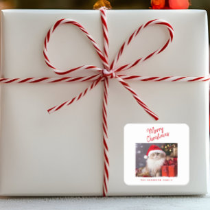 Pegatina Cuadrada Feliz Navidad Foto Personalizada de Gato Navideña