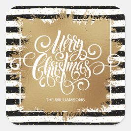Pegatina Cuadrada Feliz Navidad franjas blancas negras