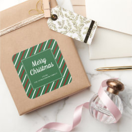 Pegatina Cuadrada Feliz Navidad, franjas verdes
