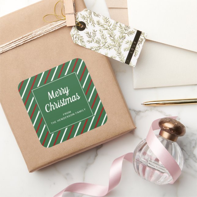 Pegatina Cuadrada Feliz Navidad, franjas verdes (Regalar)