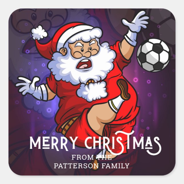 Pegatina Cuadrada Feliz Navidad Fútbol Santa Personalizado (Anverso)
