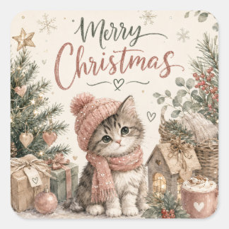 Pegatina Cuadrada Feliz Navidad Gatito Adorable