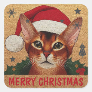 Pegatina Cuadrada Feliz Navidad Gato abissiniano, Navidad Santa Kitt