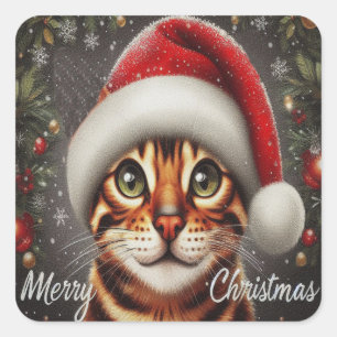 Pegatina Cuadrada Feliz Navidad Gato Bengala, Navidad Gato Santa Ben