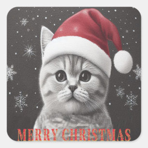 Pegatina Cuadrada Feliz Navidad, gato británico de shorthair, Santa