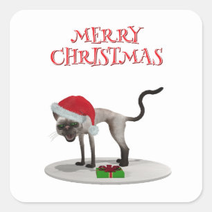 Pegatina Cuadrada Feliz Navidad. Gato con sombrero de Santa