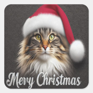 Pegatina Cuadrada Feliz Navidad, gato noruego del bosque, Santa Kitt