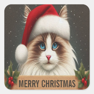 Pegatina Cuadrada Feliz Navidad Gato Ragdoll, Navidad Santa Ragdoll