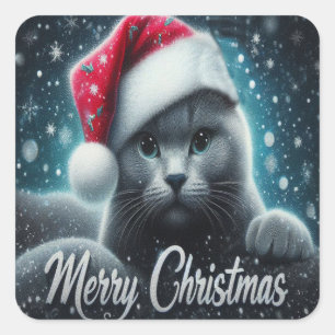 Pegatina Cuadrada Feliz Navidad Gato ruso azul, Navidad Gato Santa