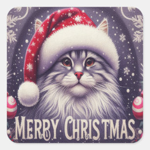 Pegatina Cuadrada Feliz Navidad, gato siberiano, Navidad Santa Kitte