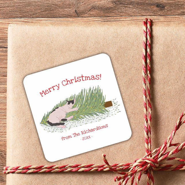 Pegatina Cuadrada ¡Feliz Navidad! Gatos vs Árbol de Navidad Festivo (Subido por el creador)