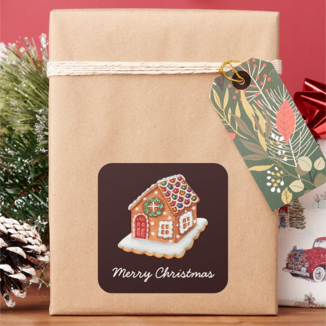 Pegatina Cuadrada Feliz Navidad Gingerbread House (Vacaciones)