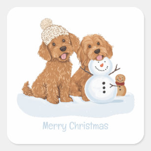 Pegatina Cuadrada Feliz Navidad Goldendoodle Perro Muñeco de Nieve
