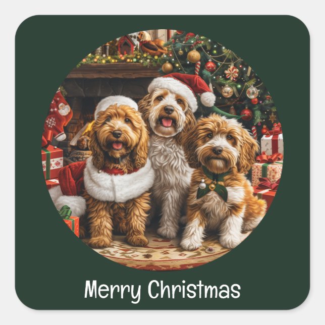 Pegatina Cuadrada Feliz Navidad Goldendoodle Perros Cachorros (Anverso)