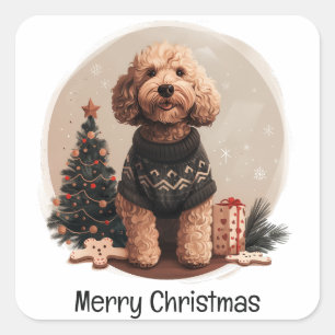 Pegatina Cuadrada Feliz Navidad Goldendoodle Perros Cachorros