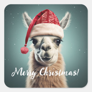 Pegatina Cuadrada Feliz Navidad Gracioso Cute Lllama Alpaca Santa Ha